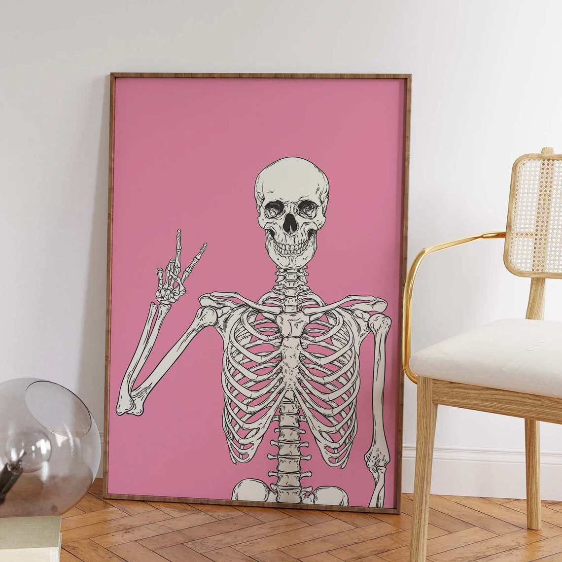 Gothic Skeleton Peace Sign Pink Background Halloween Art Poster - Image 6