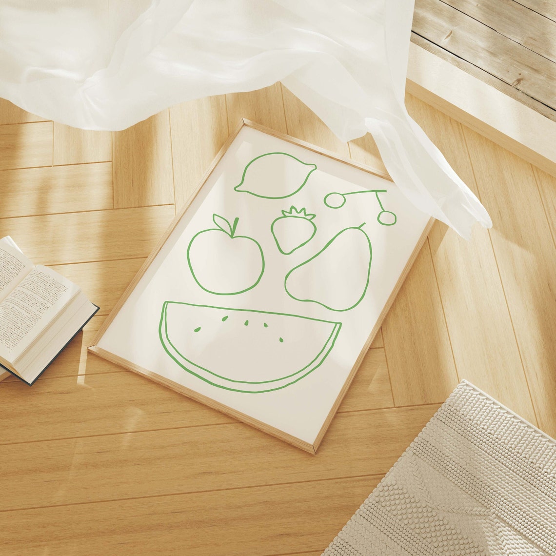 Minimal Fruit Line Art Green Kitchen Modern Food Doodle Poster - Image 4