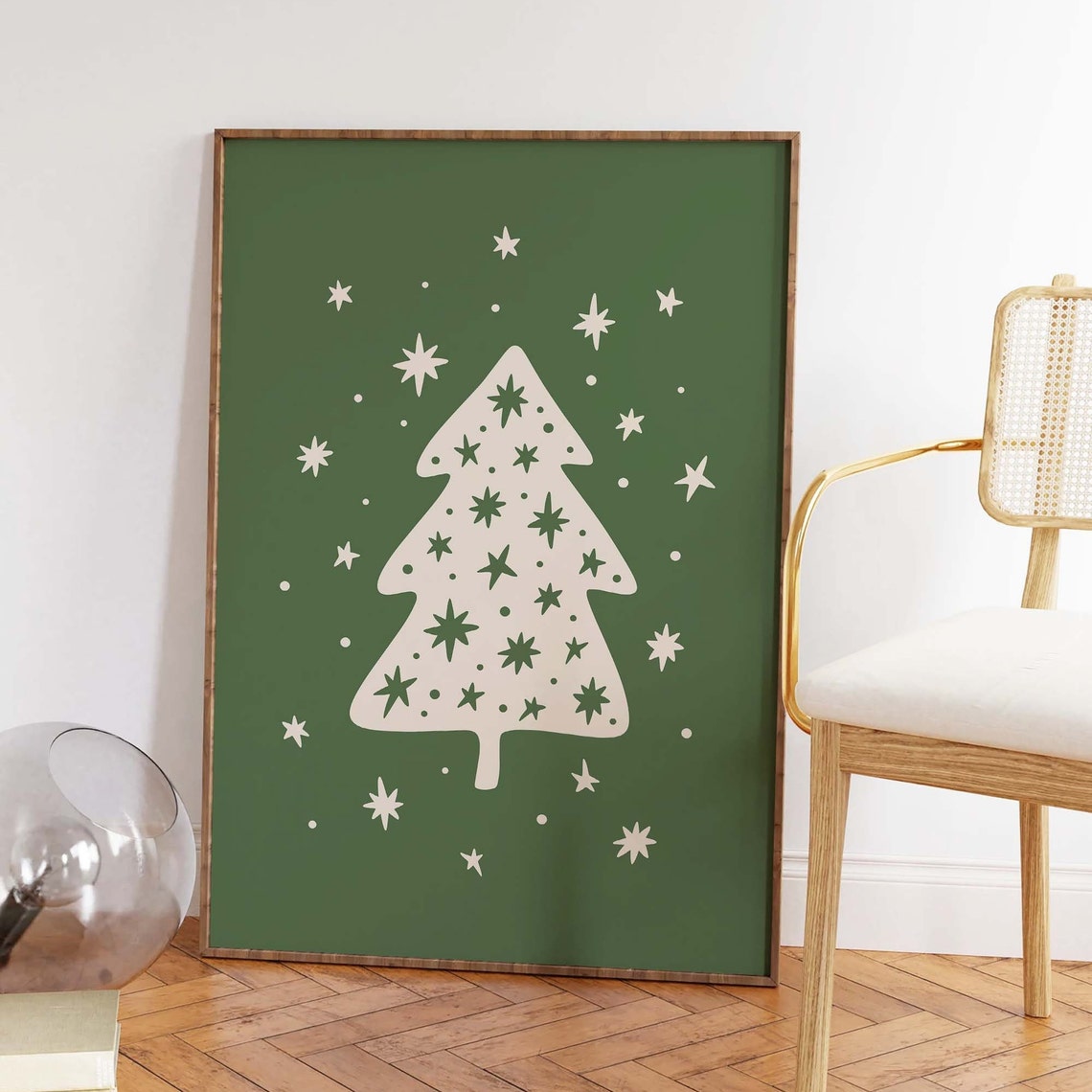 White Christmas Tree on Green Starry Retro Holiday Cute Poster - Image 3