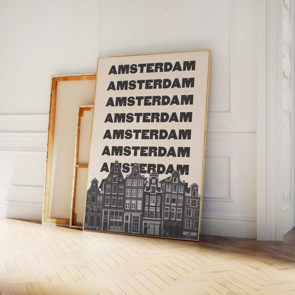 Amsterdam Repeated Text Black And White Canal Houses Travel Poster - Image 3