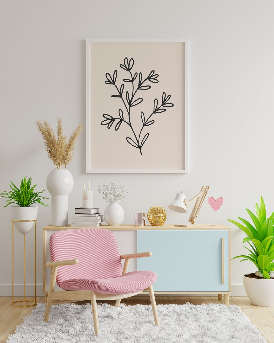 Minimalist Black Line Botanical Sprig Poster on Warm Cream Background - Image 5