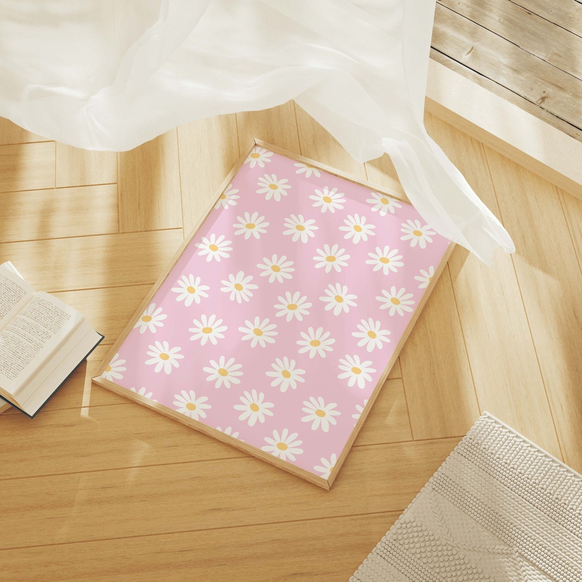 Pink Daisy Pattern White Flowers Girly Spring Floral Wall Poster - Image 4