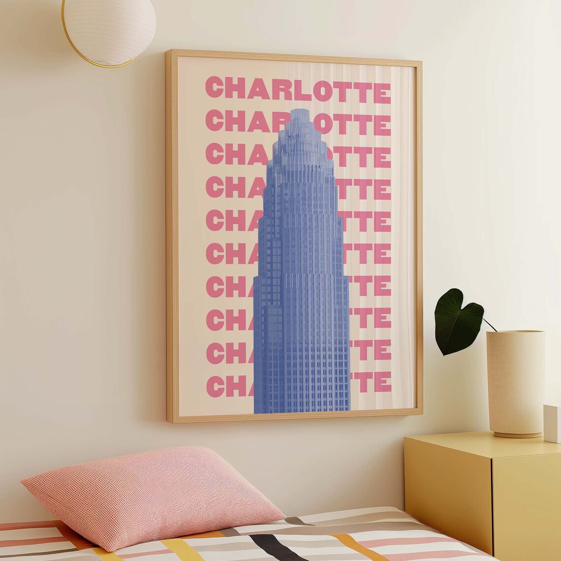 Charlotte North Carolina Pink Blue Retro Travel Typography Poster - Image 2
