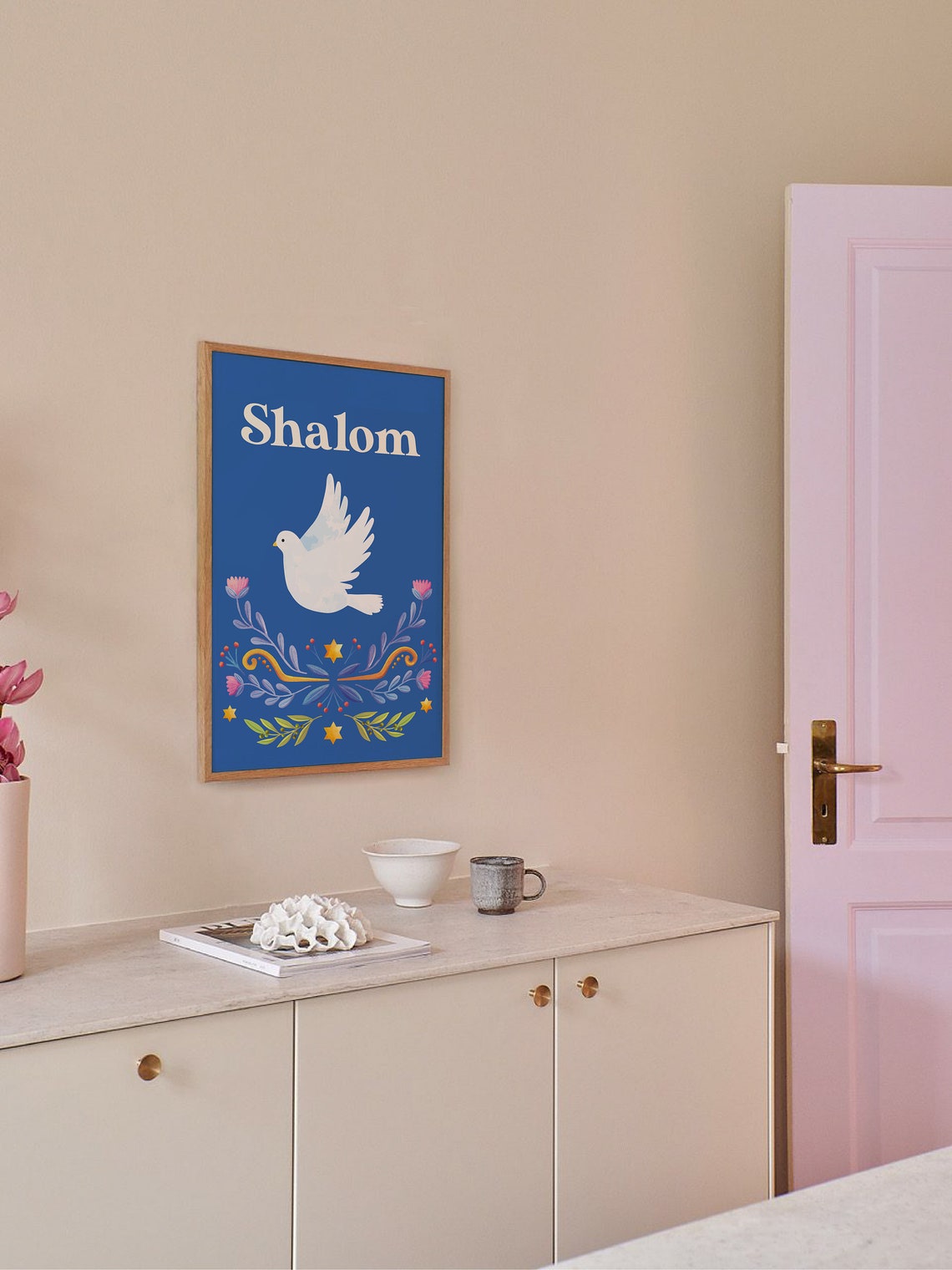 Shalom White Dove Blue Folk Art Peace Jewish Holiday Wall Poster - Image 5