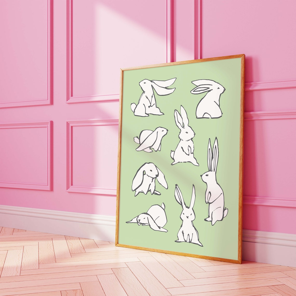 Bunny Sketches Green Background Minimal Ink Rabbit Art Poster - Image 4