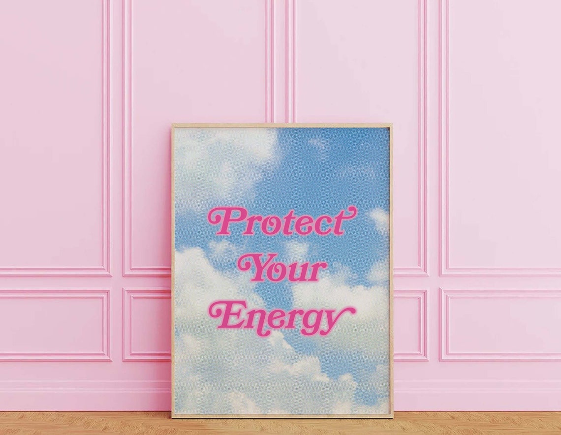 Protect Your Energy Pink Cloud Sky Y2K Retro Trendy Quote Poster - Image 2