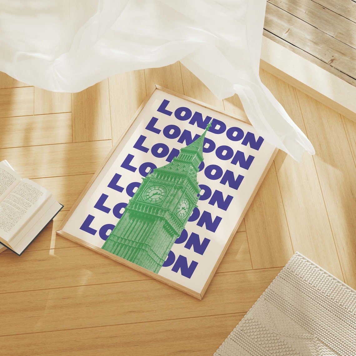London Big Ben Clock Tower Poster with Green Tower Blue Typography - Image 6