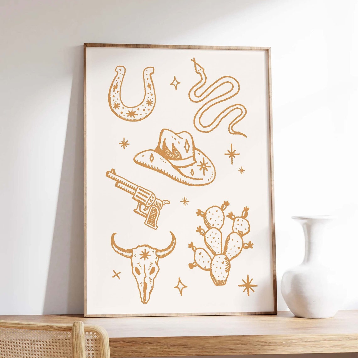 Tan Western Icons Line Art Cowboy Hat Cactus Bull Skull Wall Print - Image 3