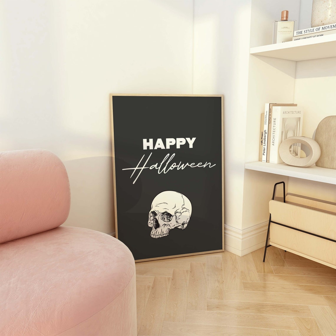 Happy Halloween Skull Script Lettering Black Gothic Wall Art - Image 4