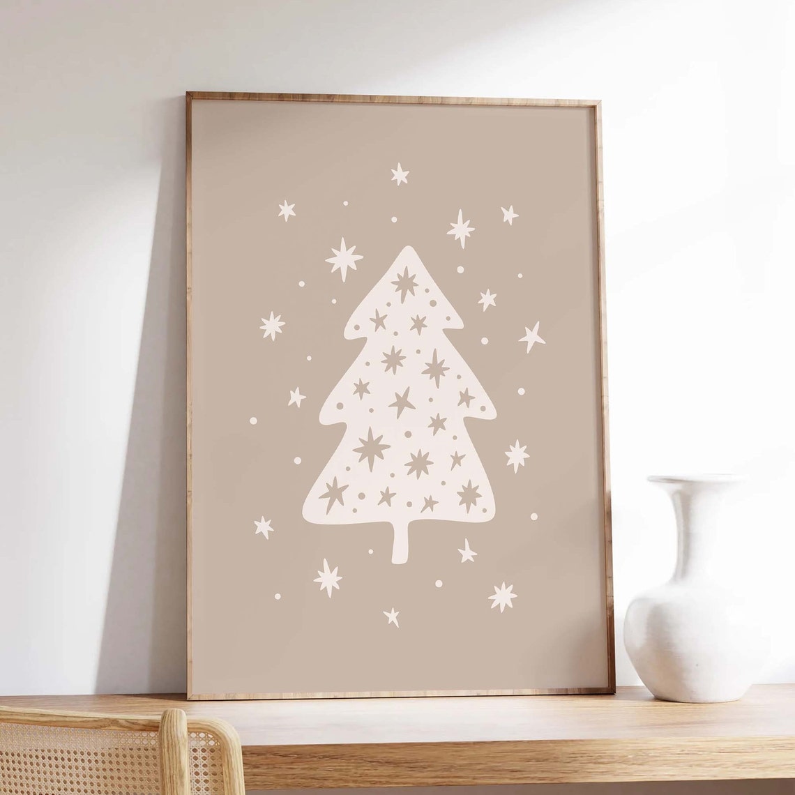White Christmas Tree on Beige Cute Starry Neutral Holiday Poster - Image 3