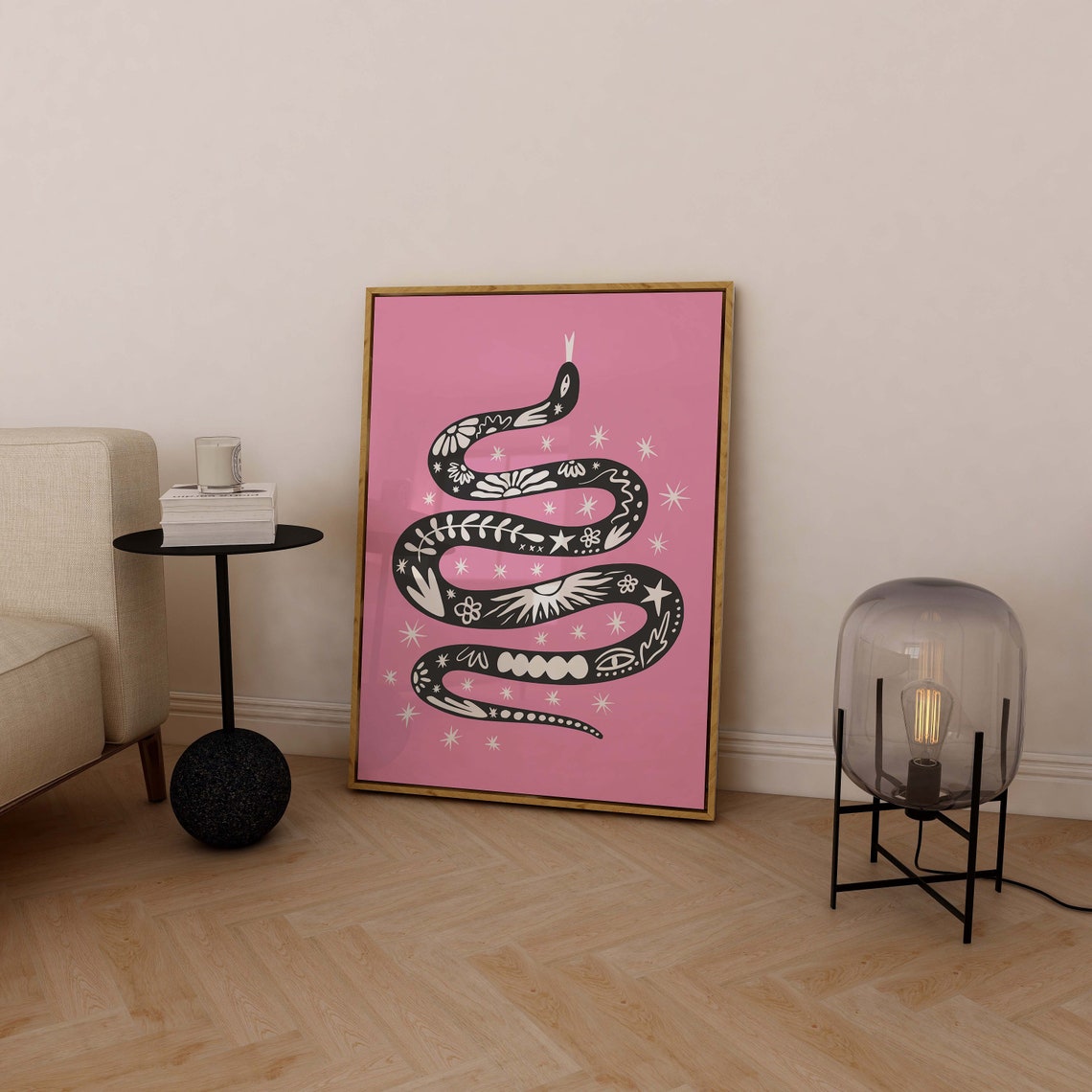 Boho Tattoo Snake Black Illustration Pink Starry Moon Art Print - Image 6