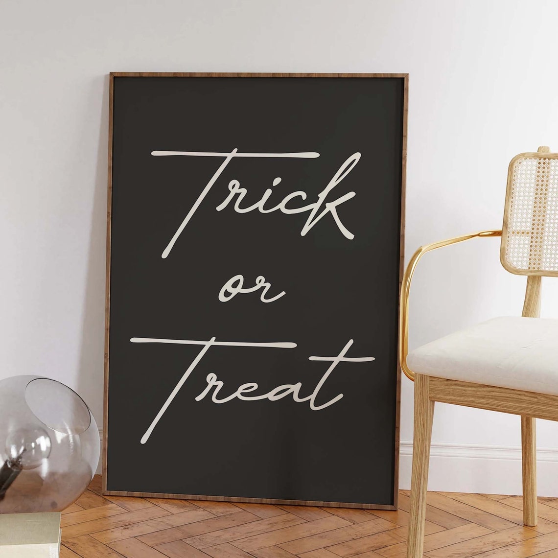 Trick Or Treat Script Lettering White on Black Halloween Wall Art - Image 7