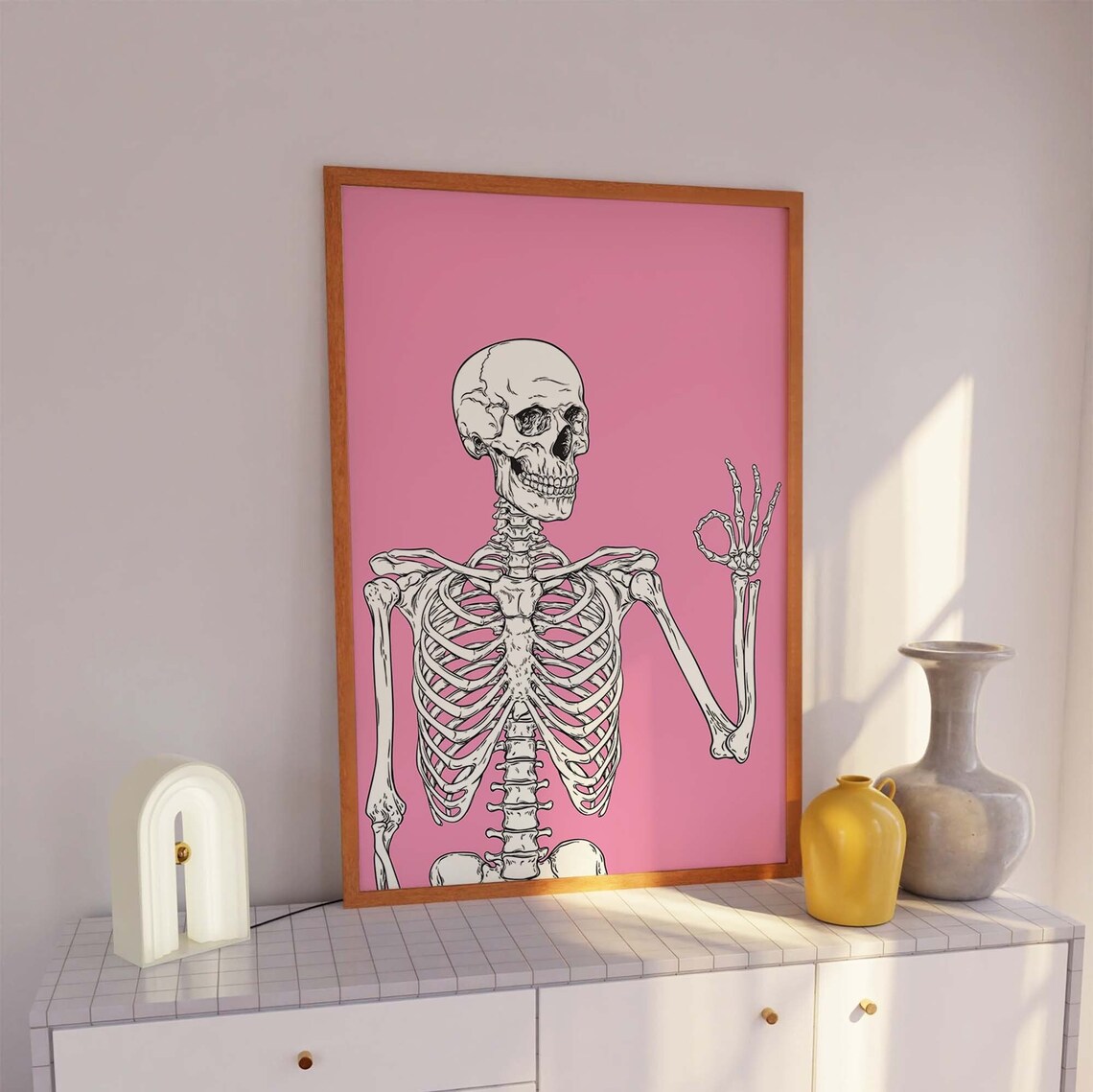 Funny Skeleton OK Hand Gesture Pink Background Line Art Poster - Image 3