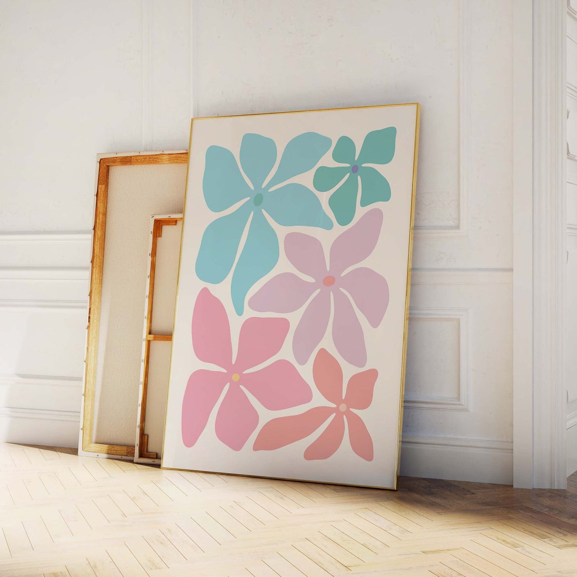 Pastel Abstract Flower Blob Retro Botanical Art Poster In Teal