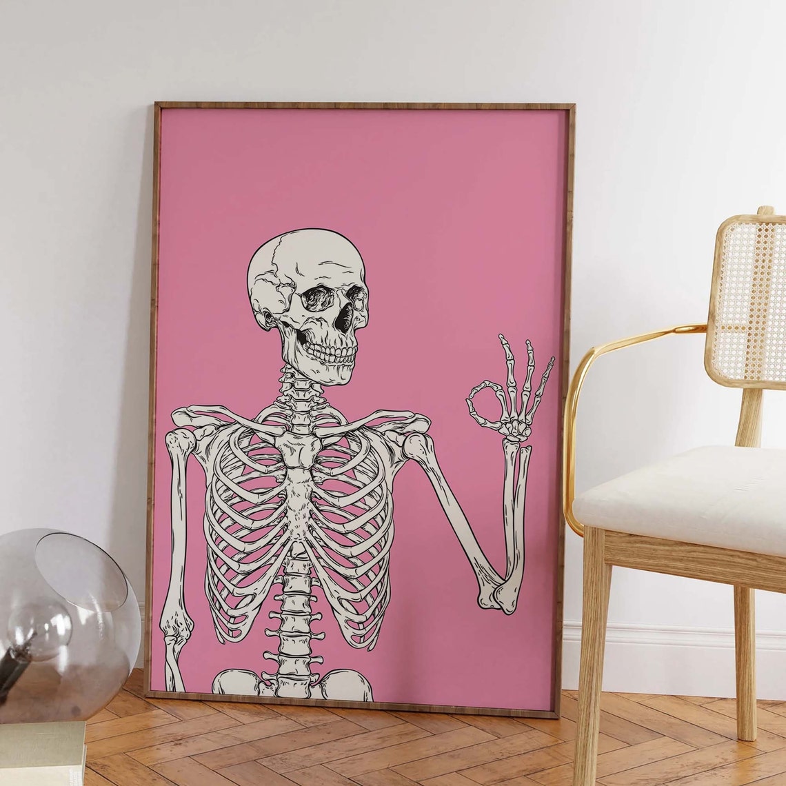Funny Skeleton OK Hand Gesture Pink Background Line Art Poster - Image 6