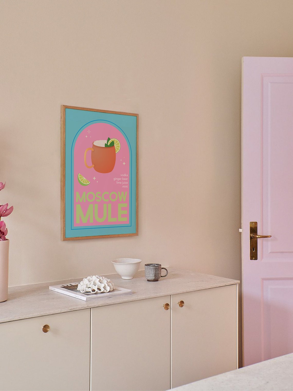 Moscow Mule Cocktail Print Art Cute Blue Pink Vodka Ginger Beer Cocktail Bar Art - Image 3
