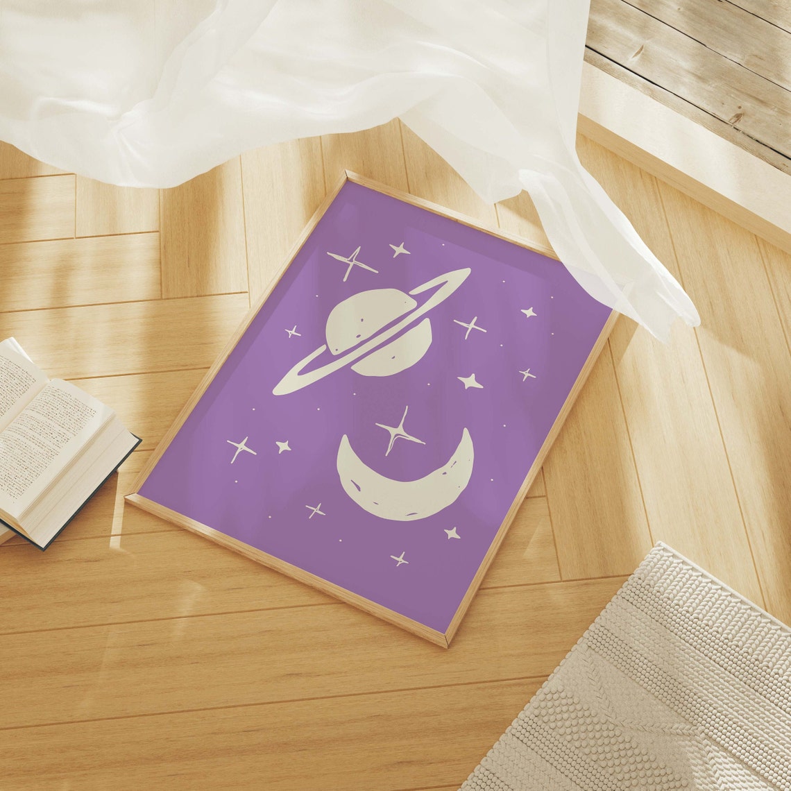 Outer Space Print Art Cute Stars And Planets Art Print Purple Wall Art Boho Space - Image 4