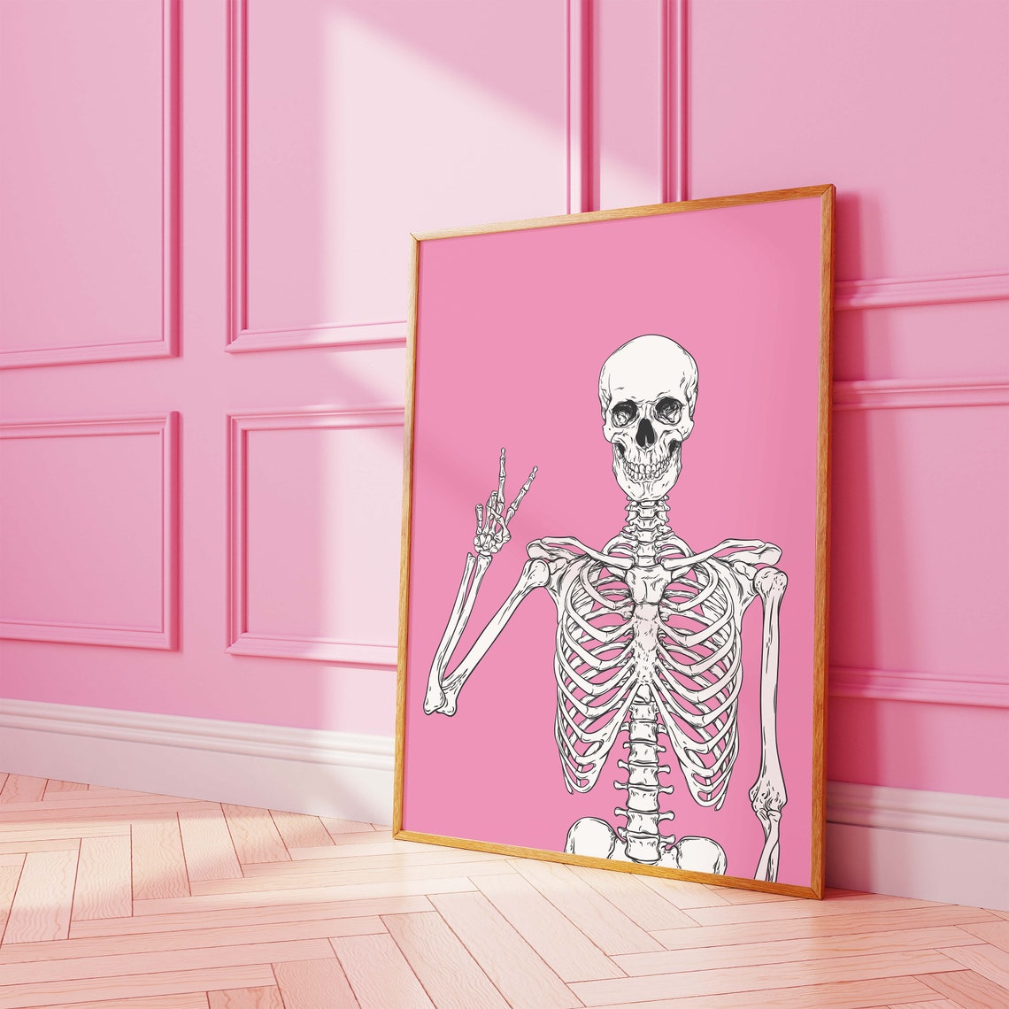 Skeleton Print Art Cute Pink Halloween Wall Decor Trendy Halloween Wall Art Spooky Season Poster - Image 3