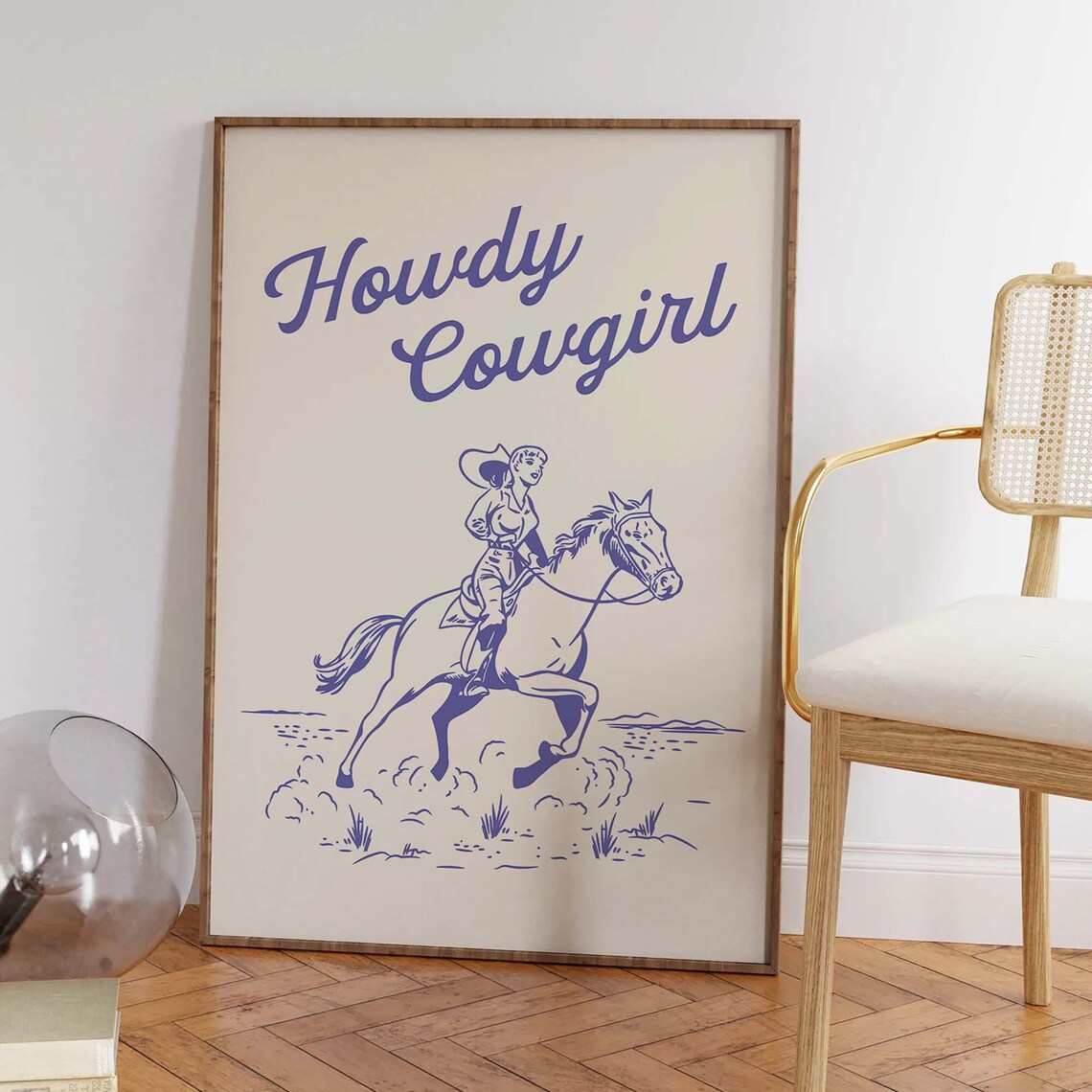 Howdy Cowgirl Blue Horseback Rider Retro Western Style Wall Art - Image 3