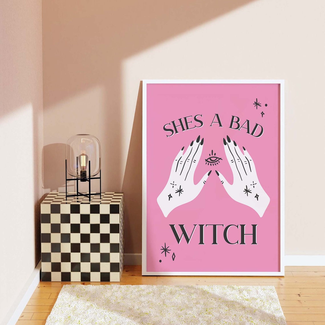 Shes A Bad Witch Hands Evil Eye Black on Pink Gothic Wall Art - Image 6