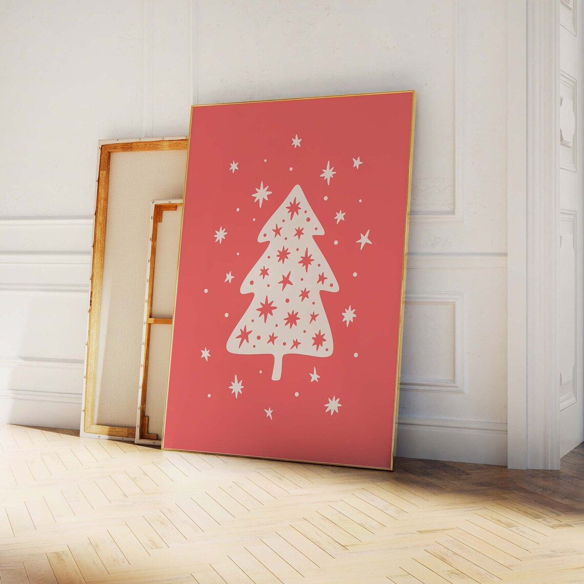 White Christmas Tree Coral Red Cute Starry Retro Holiday Poster - Image 4