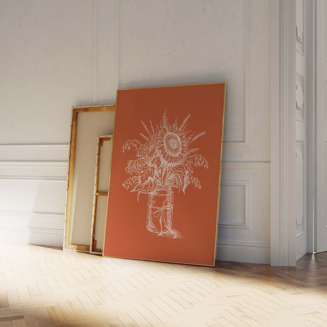Sunflower White Line Art Orange Rustic Fall Wall Decor Poster - Image 4