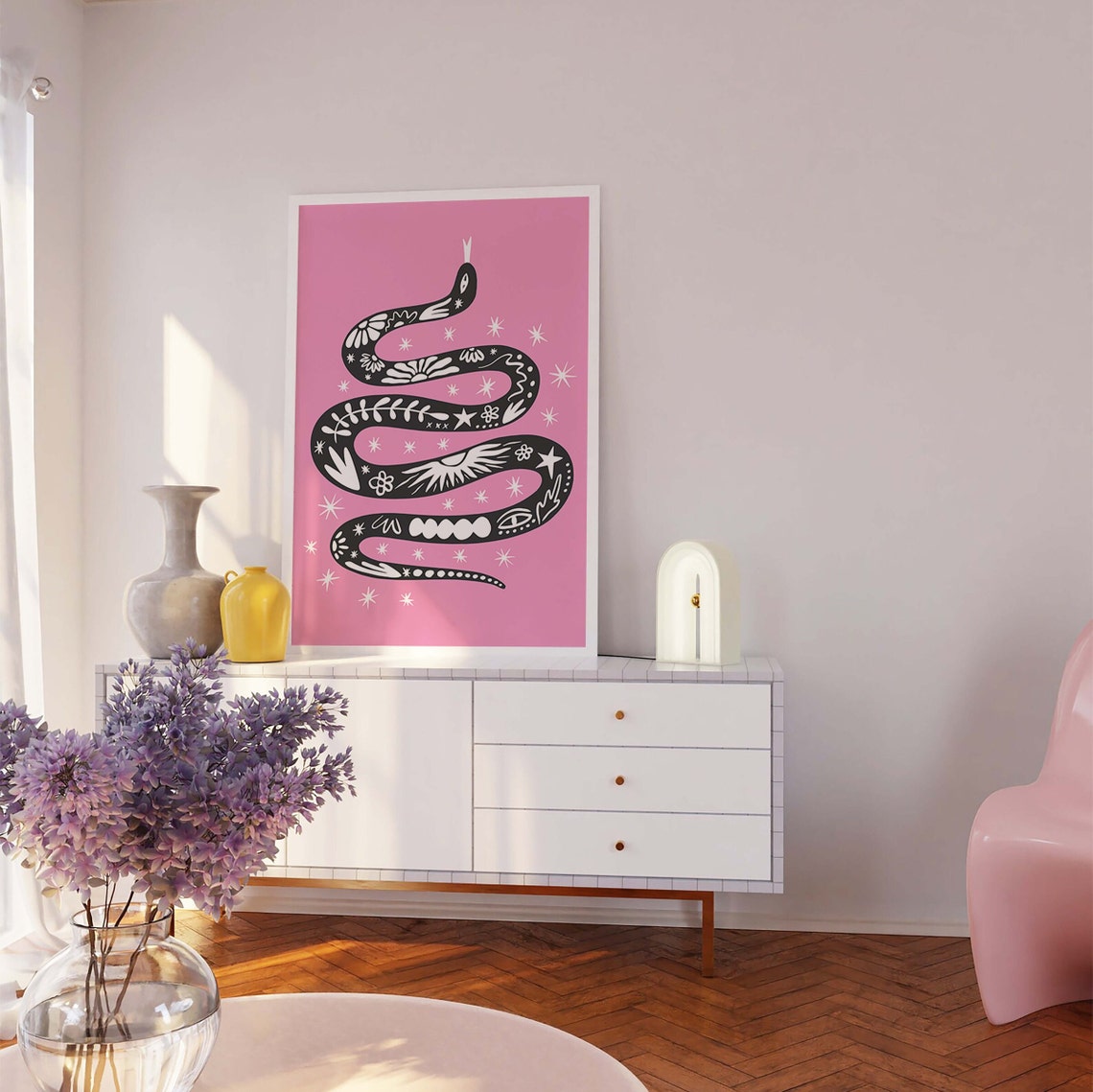 Boho Tattoo Snake Black Illustration Pink Starry Moon Art Print - Image 5
