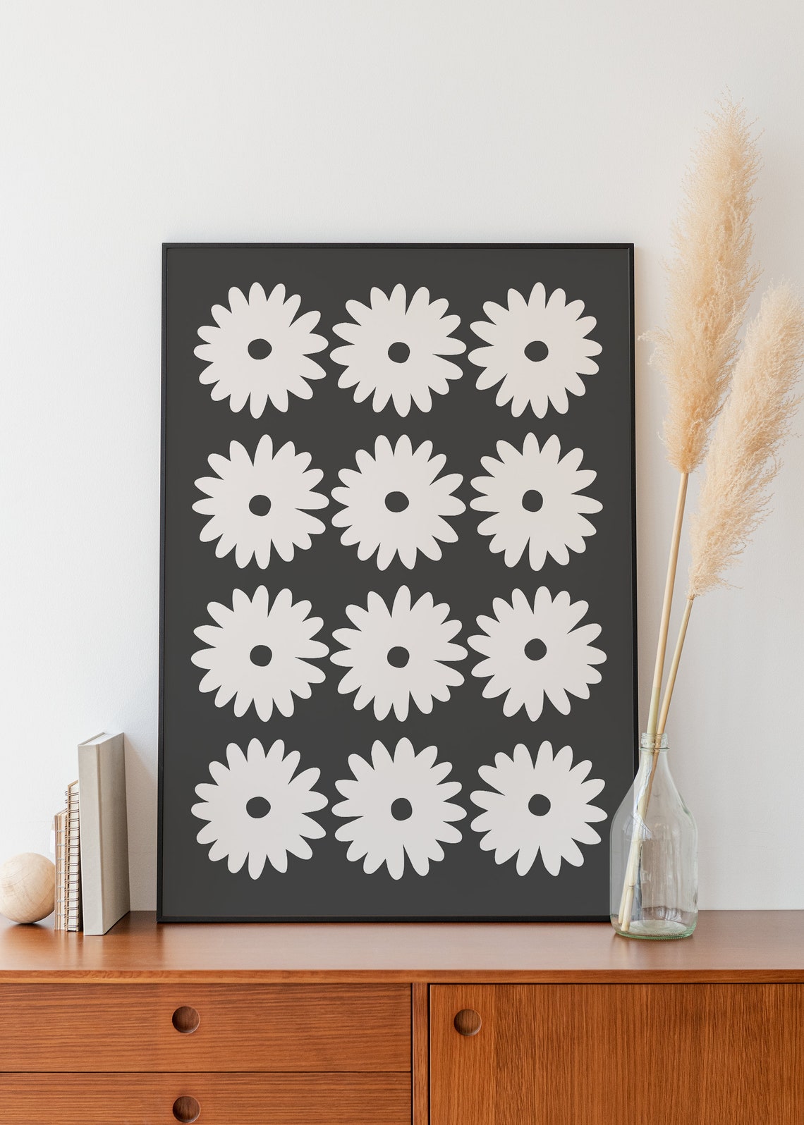 Black Daisy Flower Grid White Background Botanical Minimal Poster - Image 3