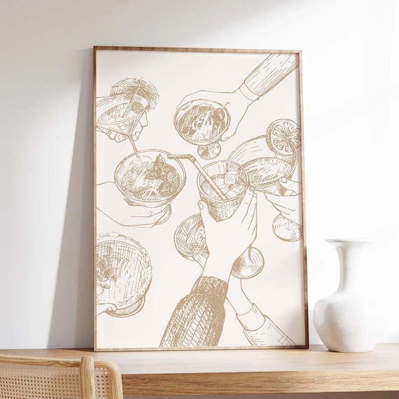 Cocktail Toast Beige Line Art Cheers Bar Cart Sketch Art Poster