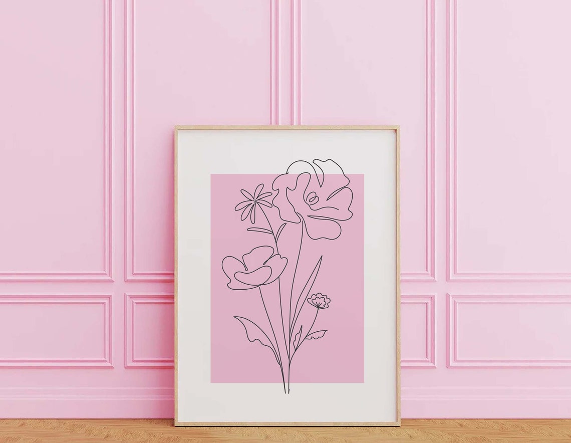 Pink Minimalist Flower Line Art Black Botanical Modern Wall Poster - Image 3