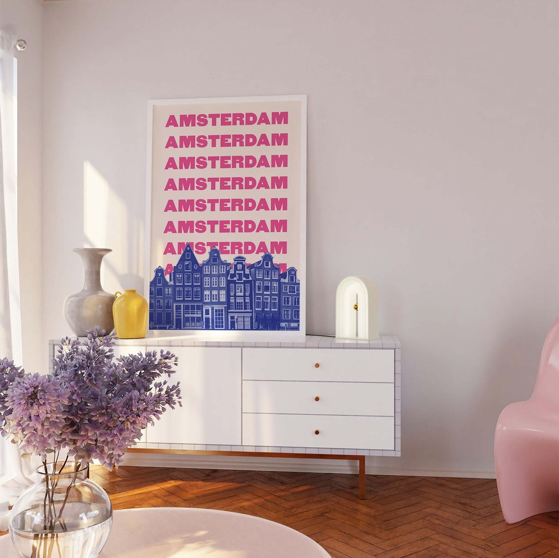 Amsterdam Repeated Pink Typography Blue Canal Houses Travel Poster - Image 5