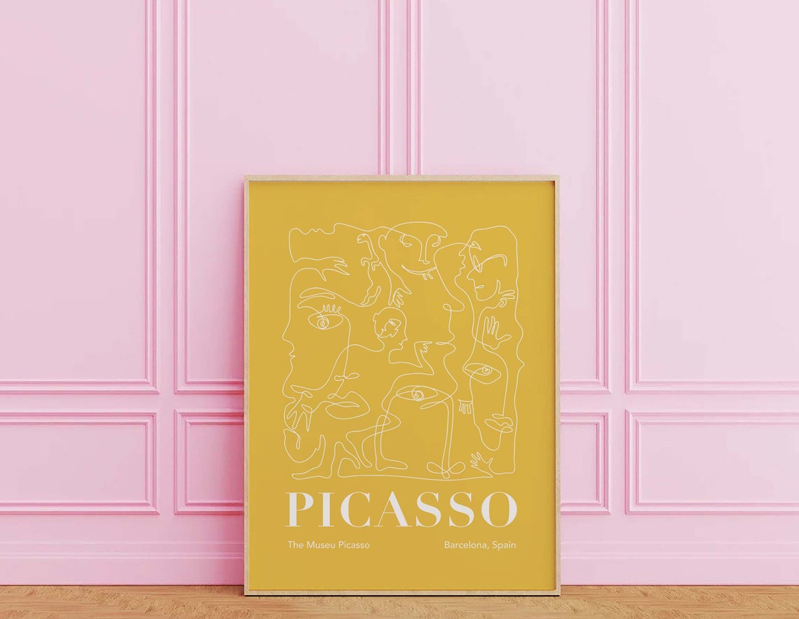 Picasso Abstract Line Art Faces Mustard Yellow Exhibition Poster - Image 3