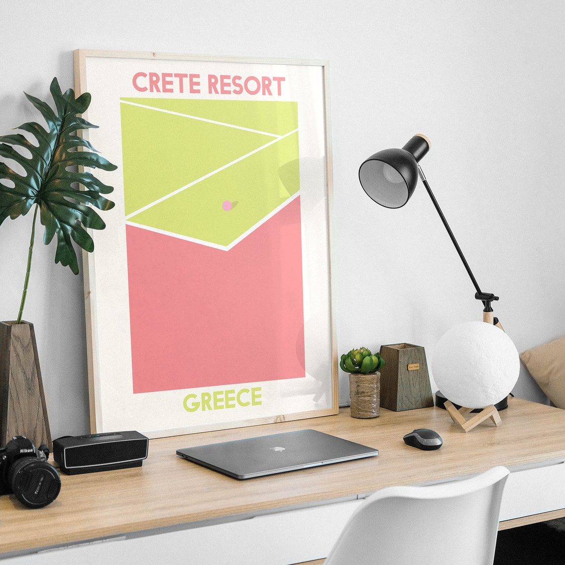 Crete Resort Greece Abstract Tennis Court Green Pink Art Poster - Image 3
