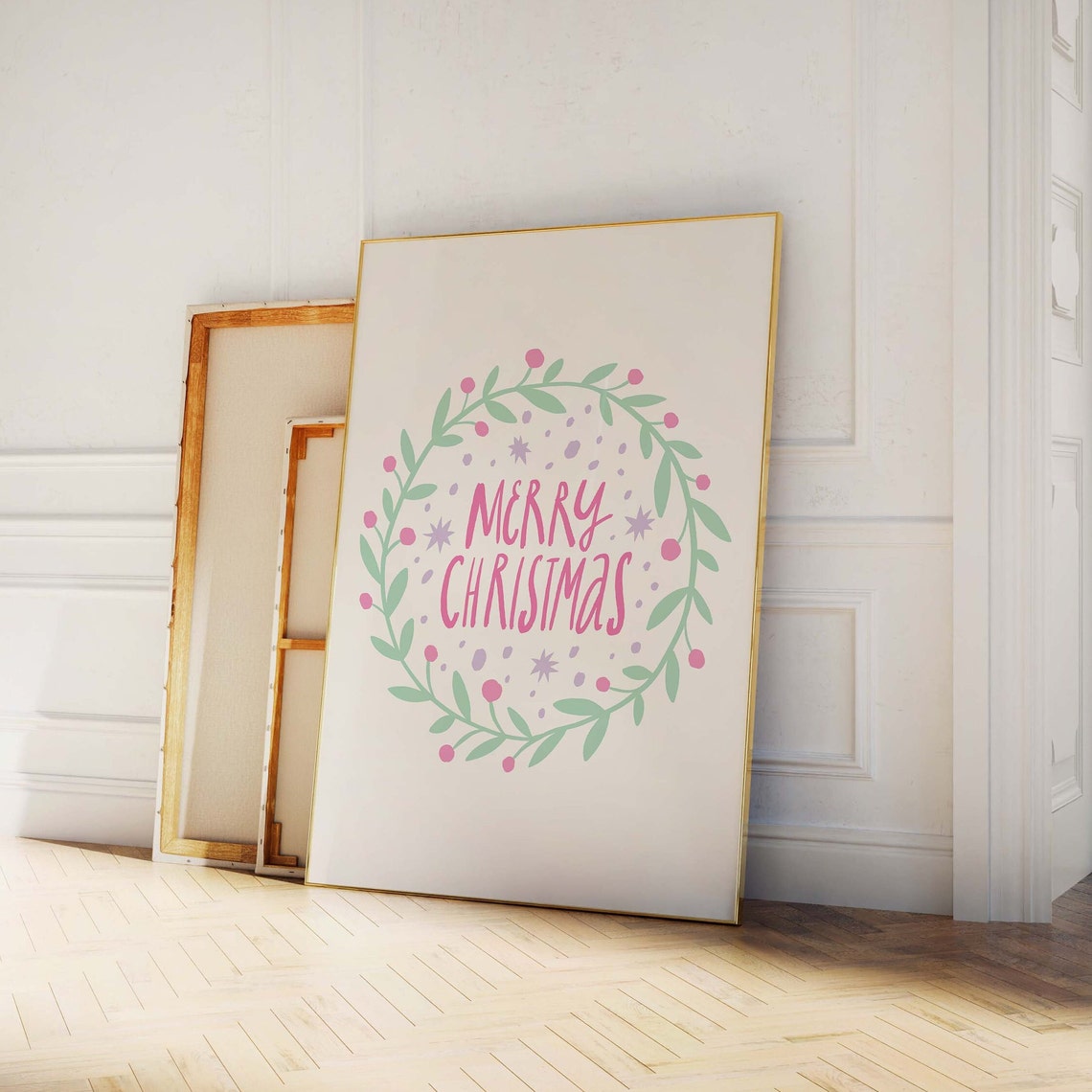 Merry Christmas Wreath Pink Berries Hand Lettered Holiday Poster - Image 3