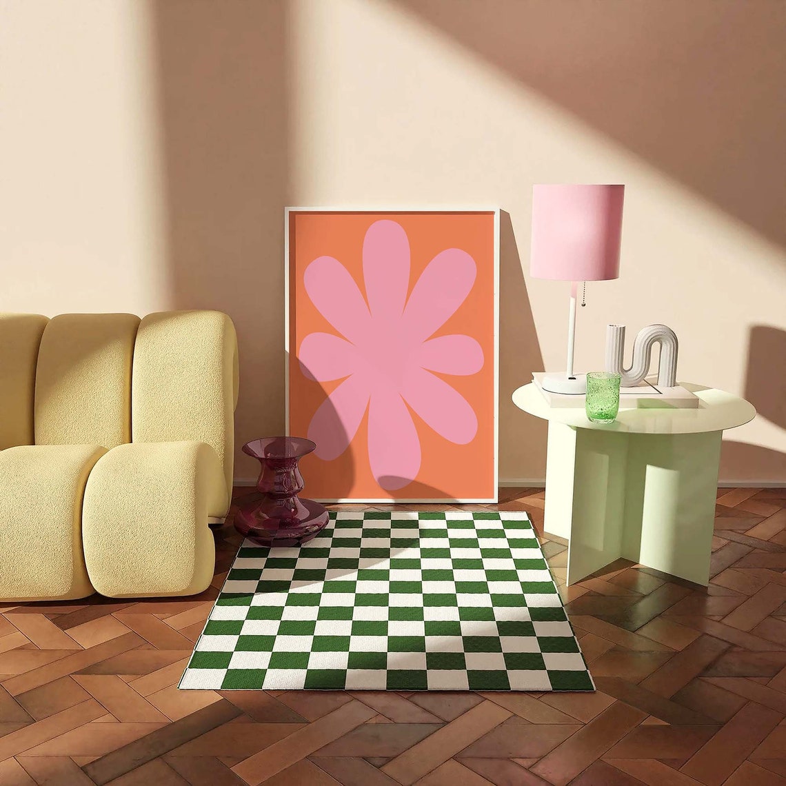 Retro Pink Flower Orange Background Minimal 70s Floral Poster - Image 2