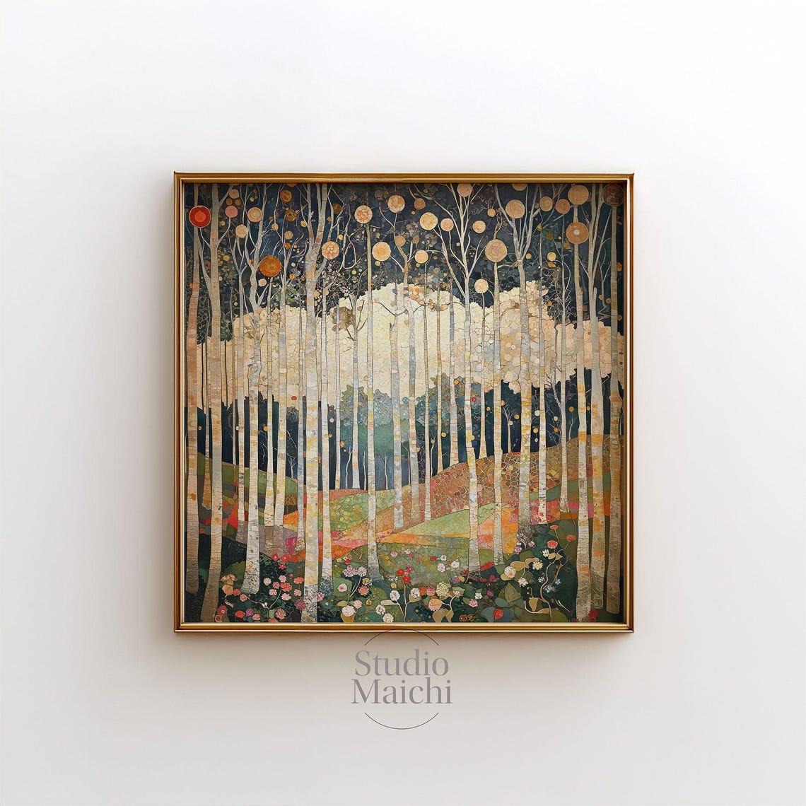 William Morris Style Golden Moon Birch Forest Landscape Art Poster