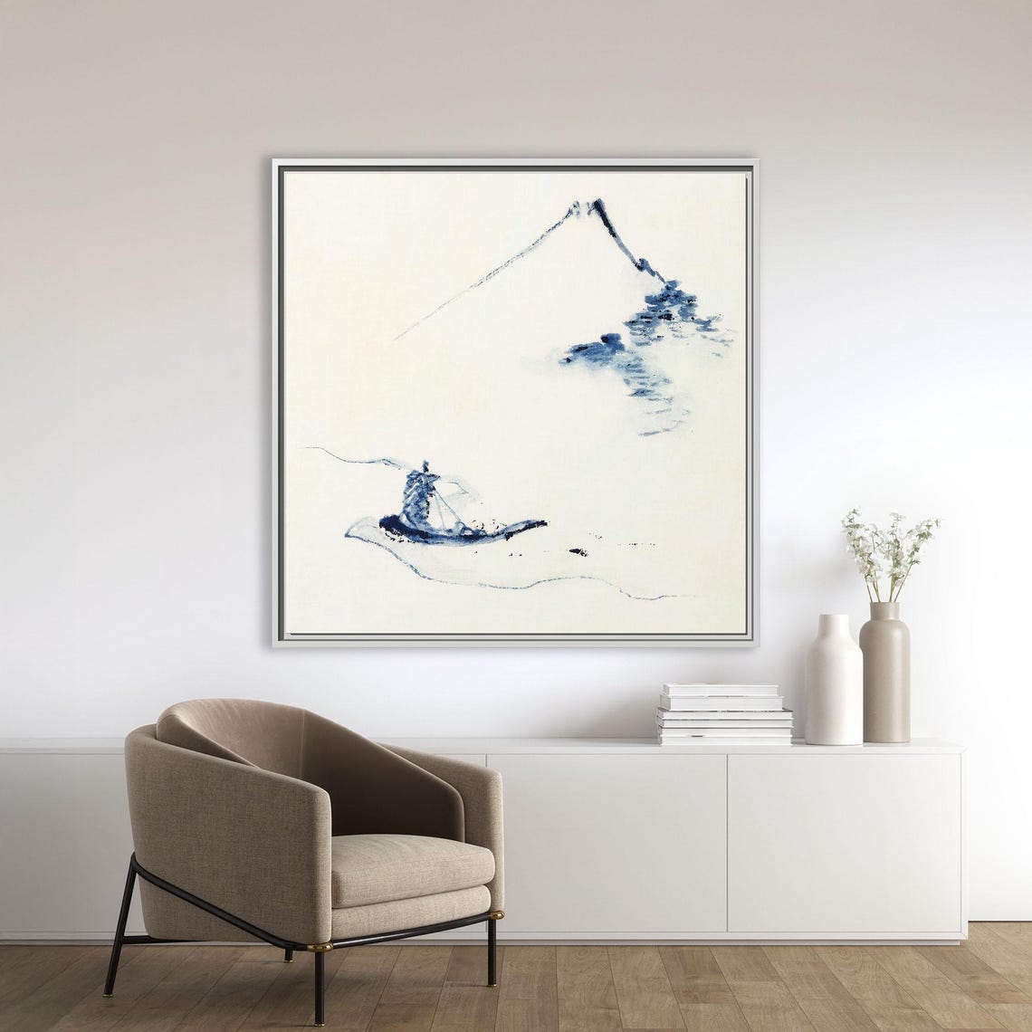 Minimalist Japanese Ink Boat and Mountain Fuji Landscape Art Poster - Image 2