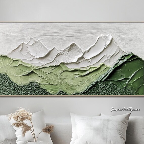 Abstract Mountain Oil Painting On Original Minimalist Textured Wall Art Large Green Boho Wall Art Abstract 3d Impasto Wall Art