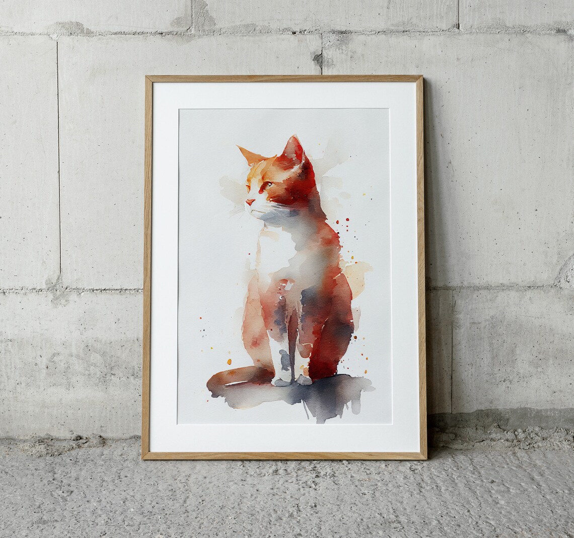 Ginger Orange Cat Watercolor Cute Sitting Kitty Pet Animal Art Poster - Image 2