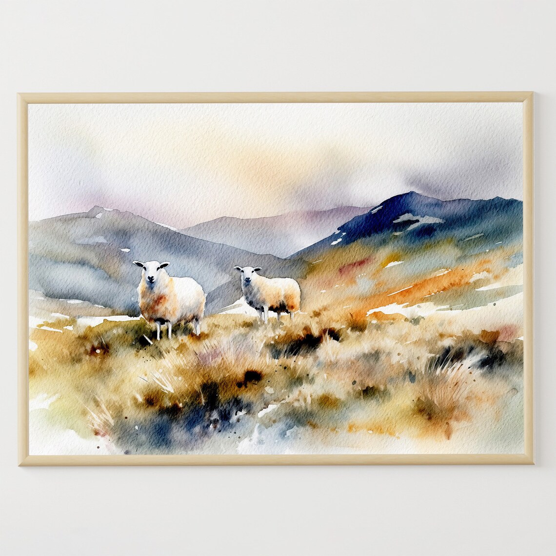 Scottish Hills Watercolor Landscape Sheep Grazing Art Print