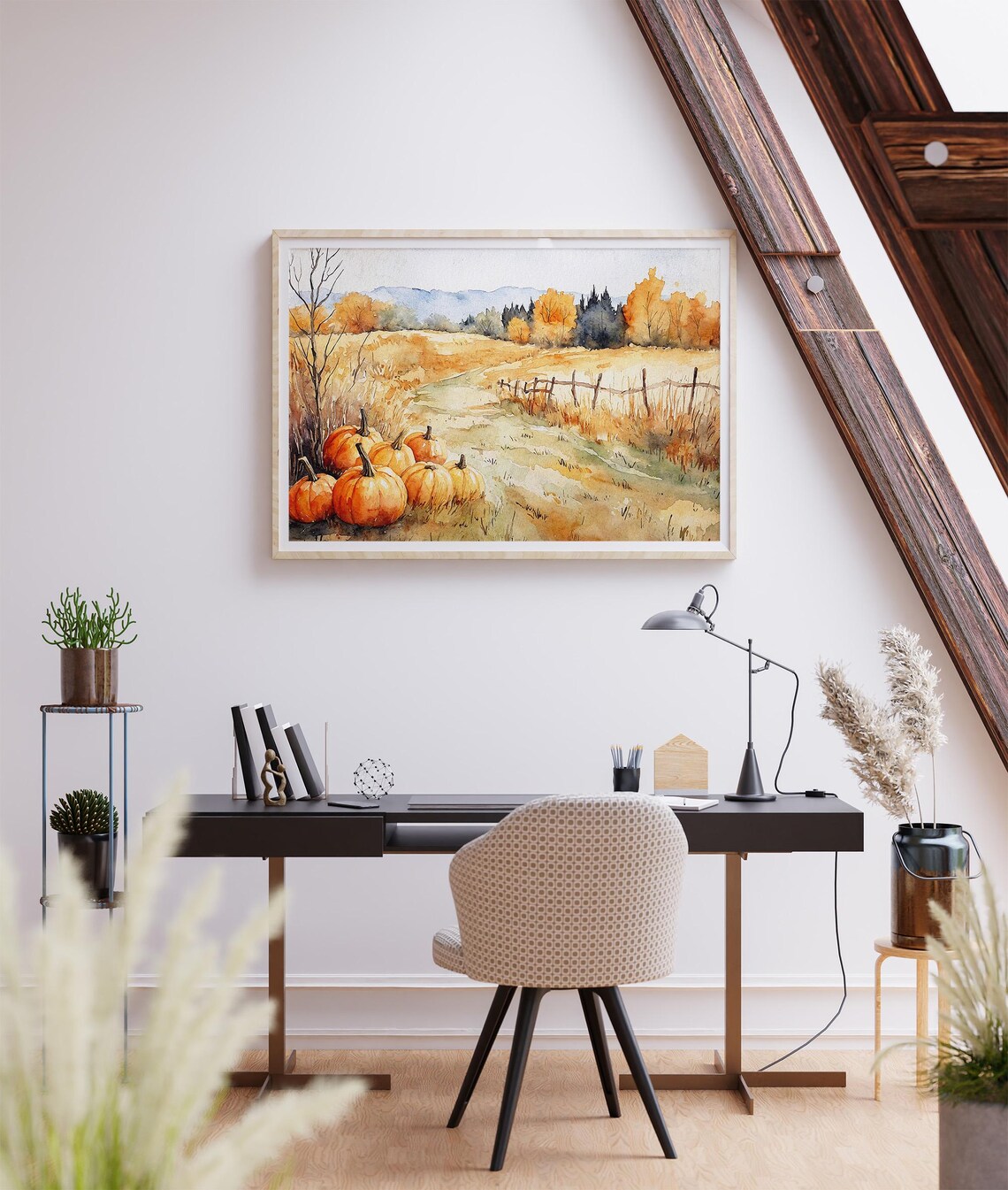 Pumpkin Patch Autumn Farm Field Golden Harvest Watercolor Scene Poster - Image 2