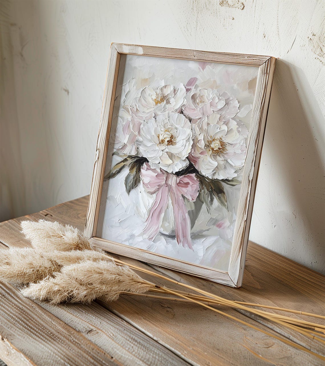 Peony Oil Print Pink Bow Wall Art Flowers Bouquet Painting Neutral Pink Beige Floral Print From An Original Oil Painting - Image 3