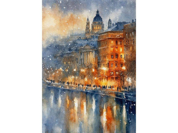Budapest Hungary Danube Winter Night Snowy Watercolor Poster