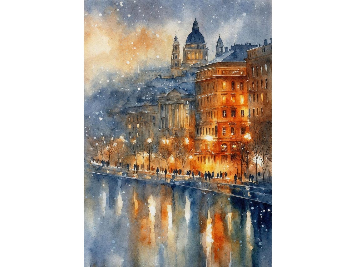 Budapest Hungary Danube Winter Night Snowy Watercolor Poster
