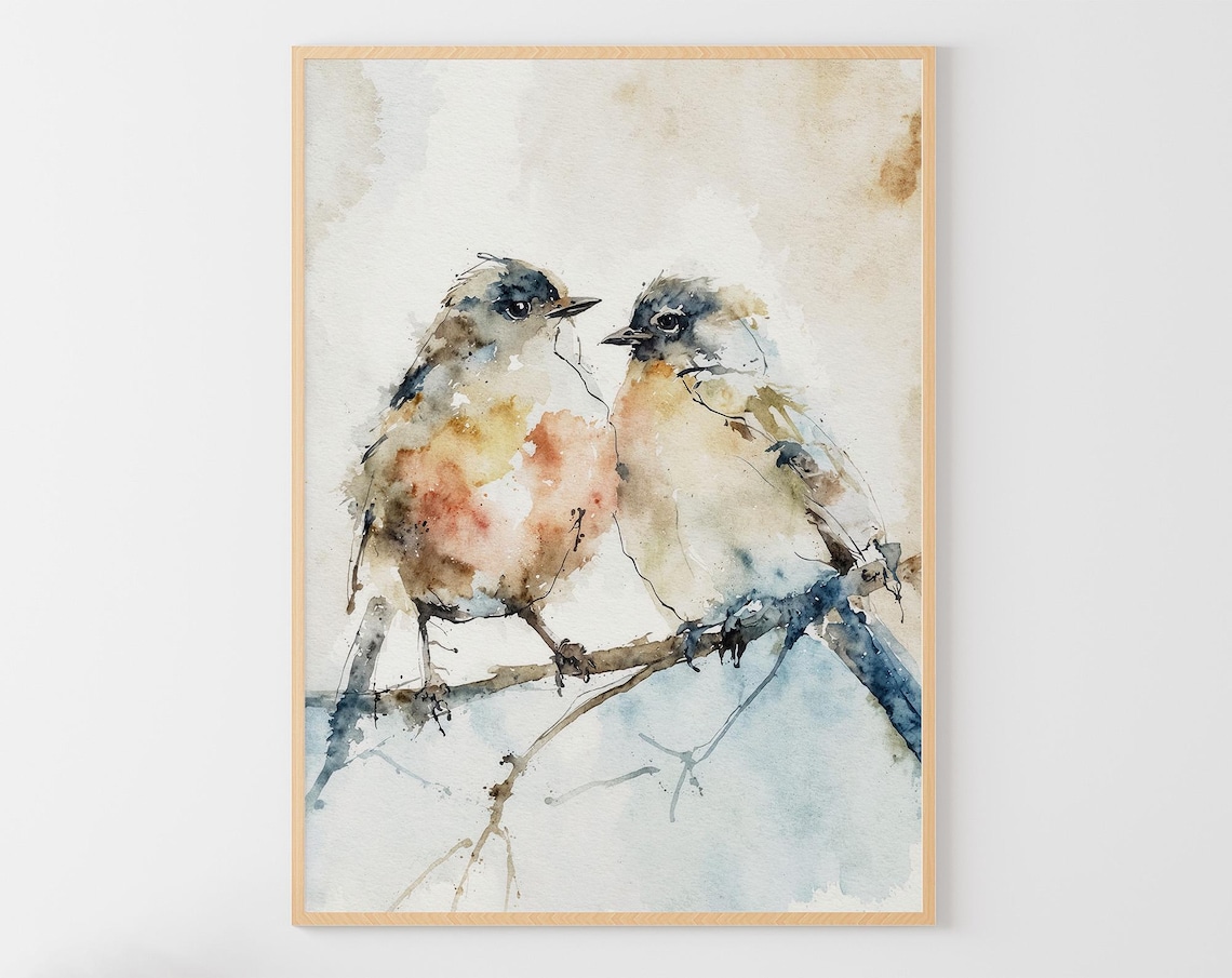 Chickadee Couple Birds Watercolor Art Print, Neutral