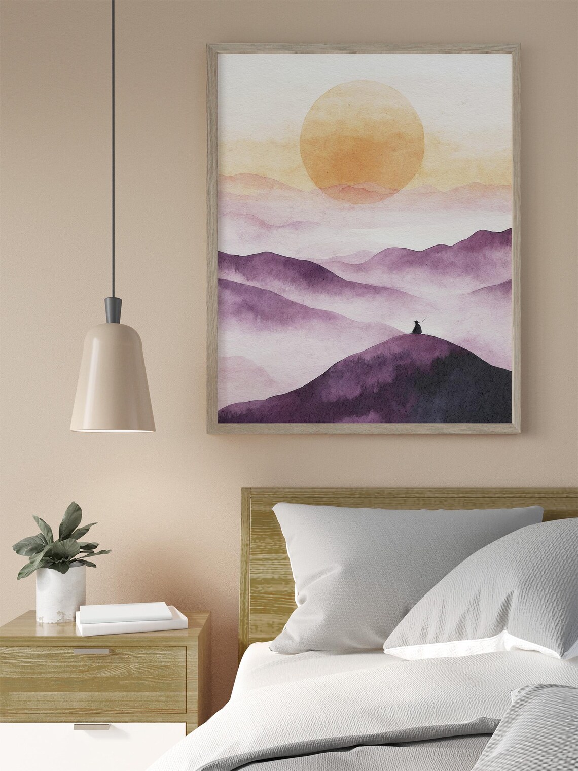 Minimalist Purple Mountains Orange Sun Zen Meditation Watercolor Poster - Image 3