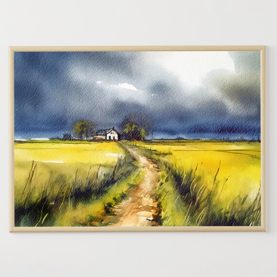Thunderstorm Countryside Cottage Watercolor Art Print