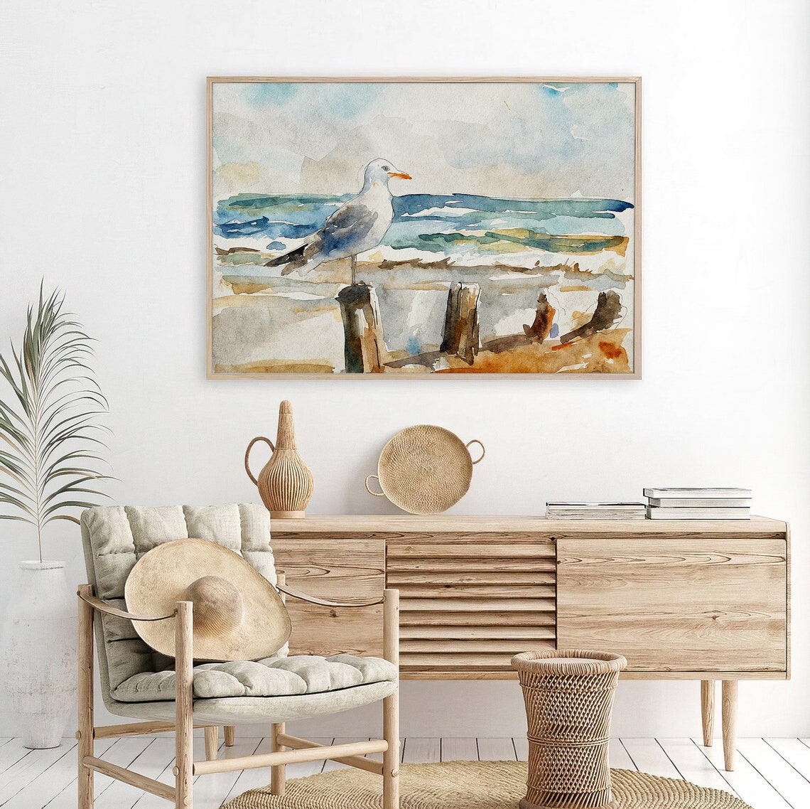 Seagull Perched on Wooden Pier Post Beach Waves Watercolor Art Print - Image 4