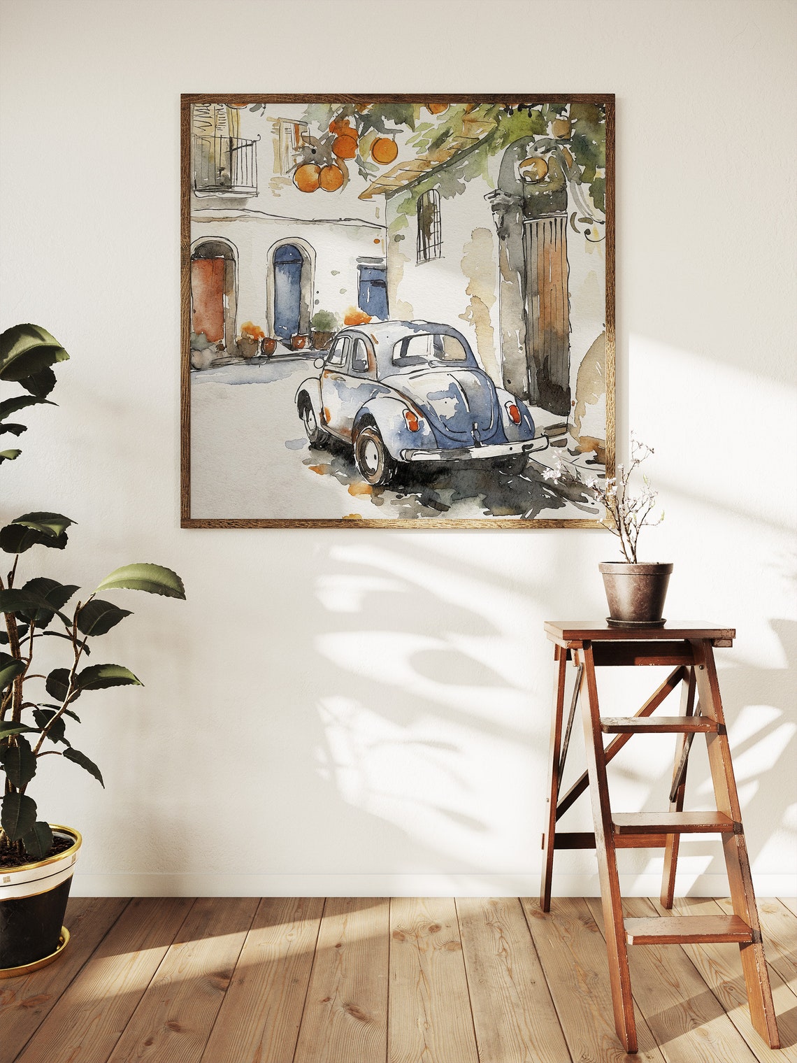 Amalfi Cityscape Watercolor Fiat 500 Painting Orange Tree Art Print Italian Street Artwork Travel Wall Art - Image 5
