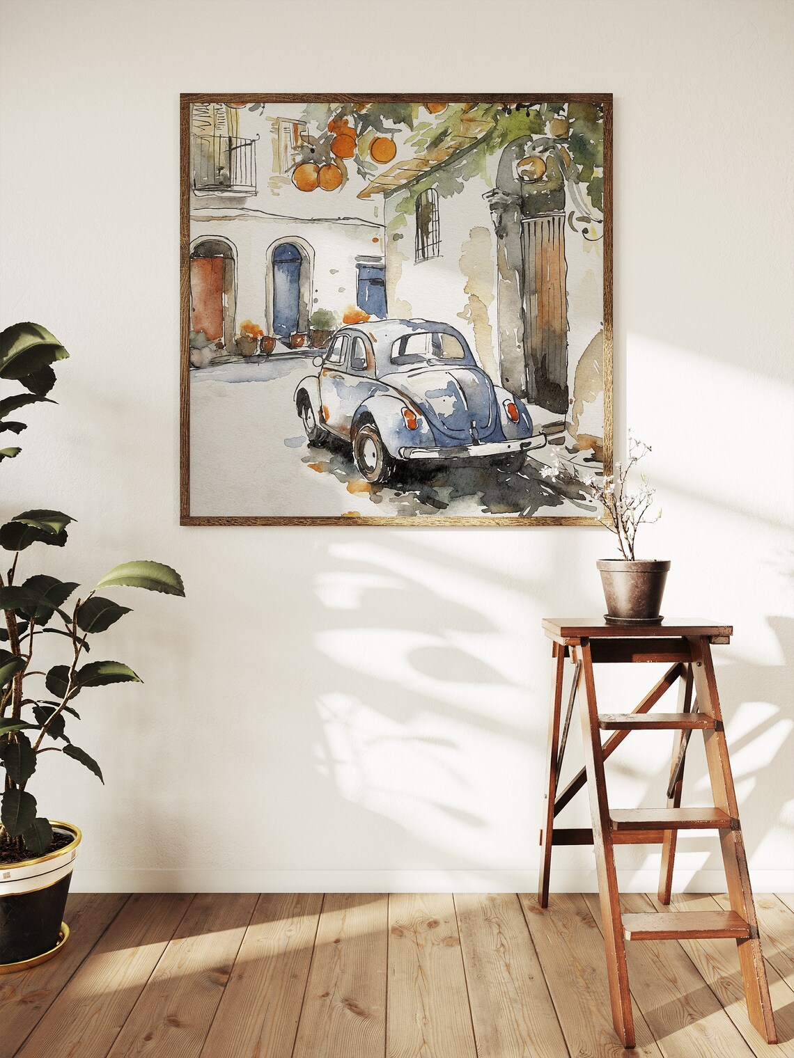 Amalfi Italy Vintage Blue Beetle Orange Tree Cobblestone Street Poster - Image 5